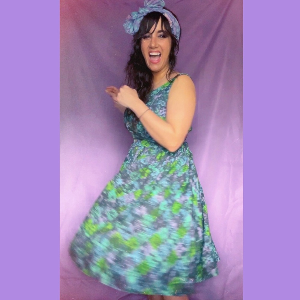 Late 50s / Early 60s Sleeveless Green & Blue Floral Day Dress